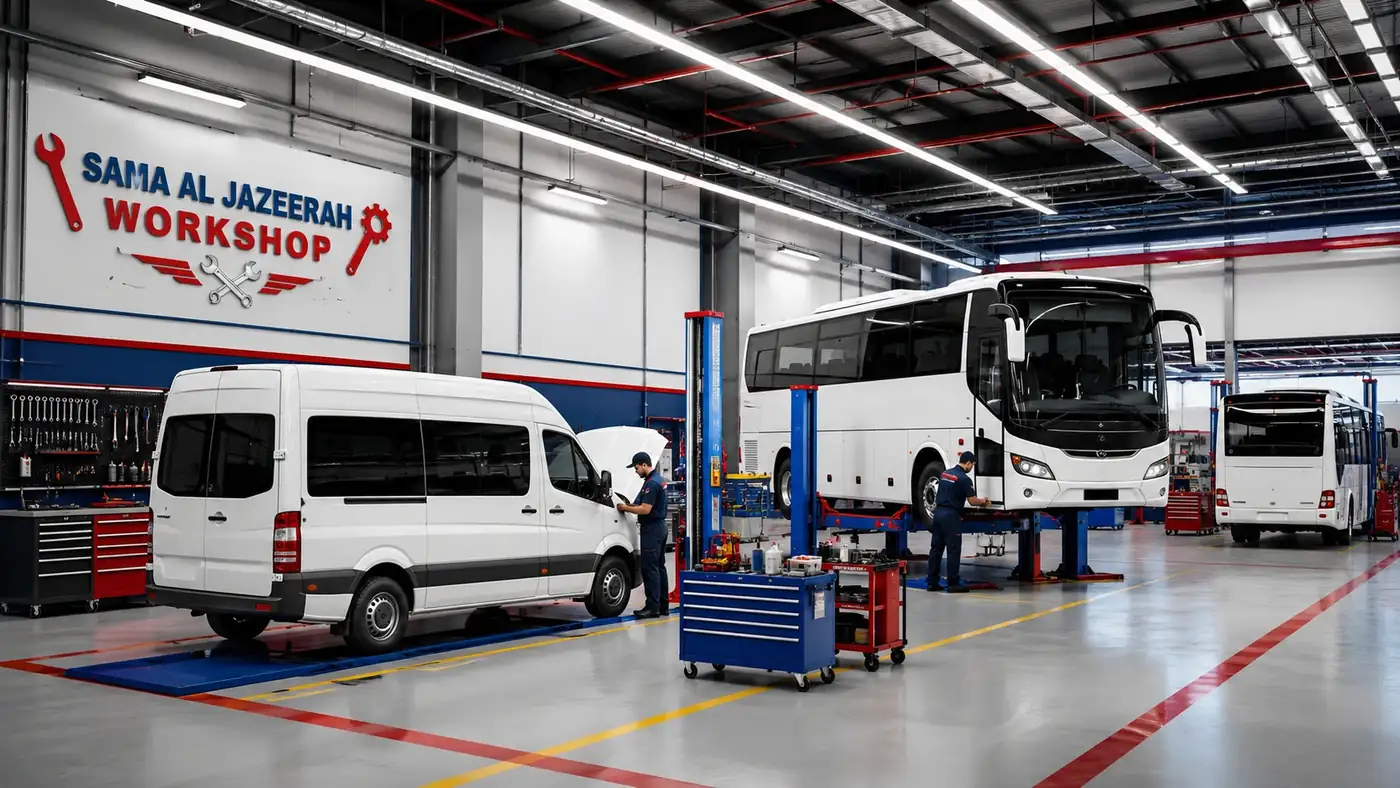 Bus repair inspection bay at Sama Al Jazeerah Workshop in Sharjah